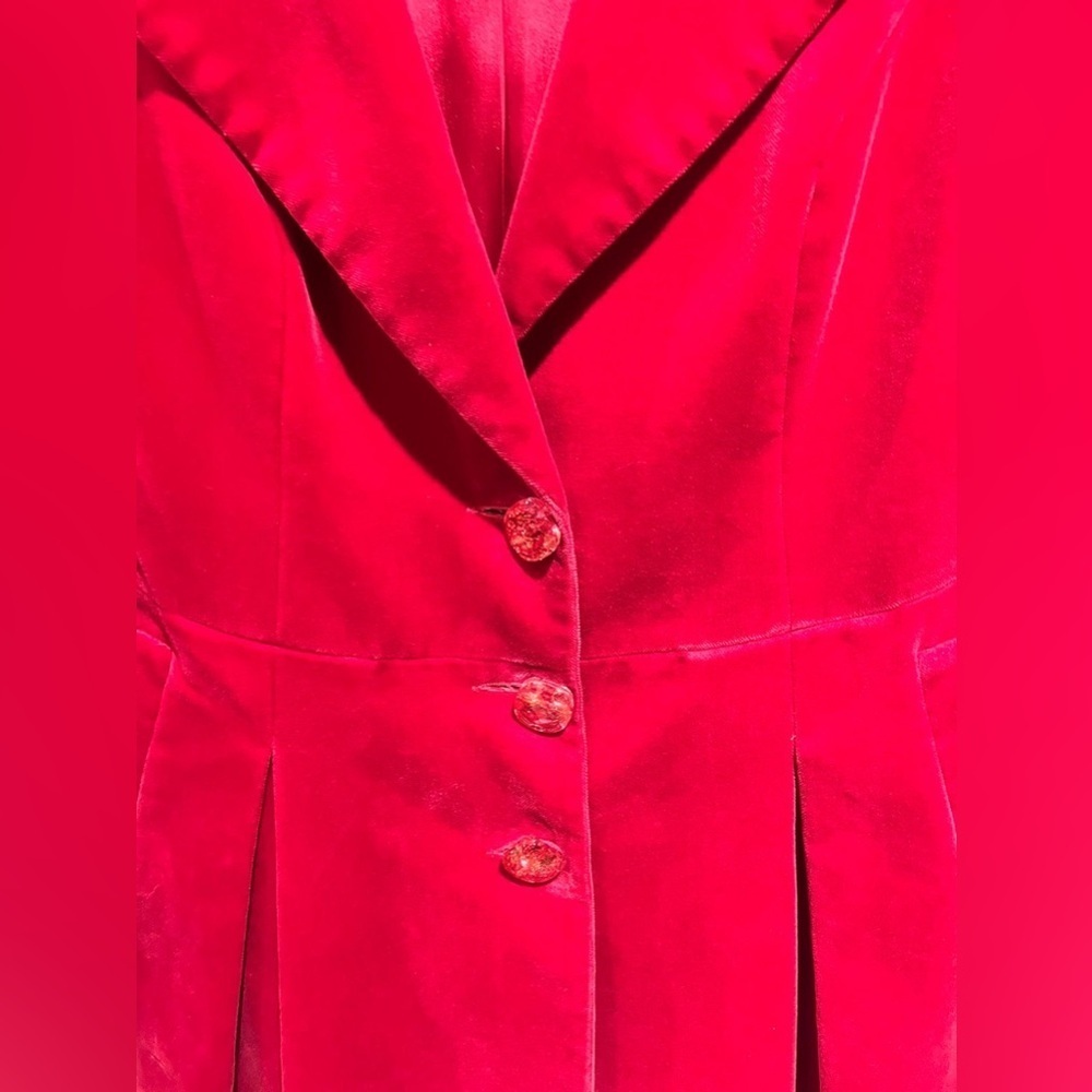 Red Velvet Cotton Coat | Size 10 | Cinched Waist | Winter Statement Jacket - Picture 4 of 8